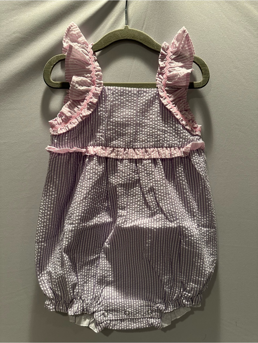 Pink Seersucker Ruffle Baby Romper with Matching Bow